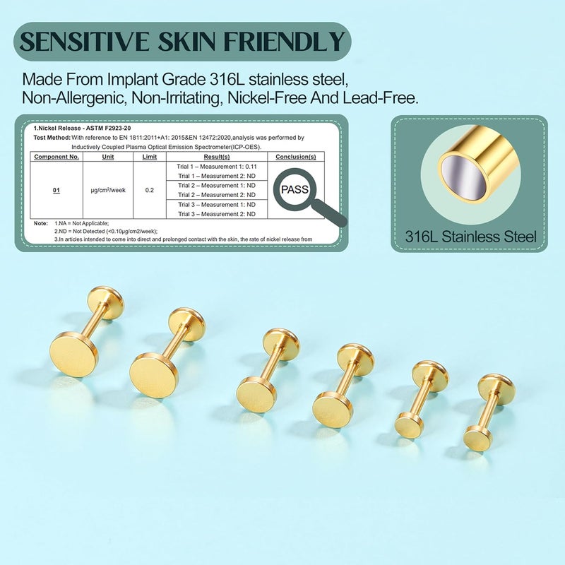 GEMQUEEN Flat Back Earrings Stud : 14K Gold Filled Titanium Surgical Steel Earrings Hypoallergenic for Women Men 16G 18G Cartilage Helix Tragus Conch Medusa Piercing Jewelry Dainty Earring Set 3 Pairs - Image 5